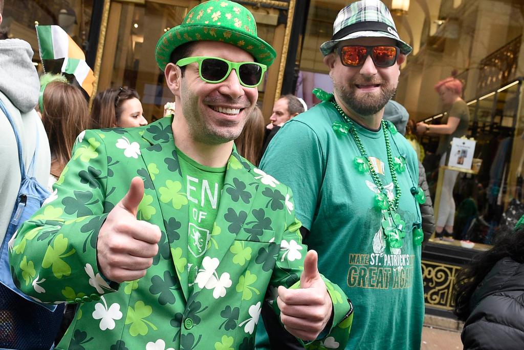 For Sunday News:03/16/19:St. Patrick’s Day Parade:New York - Man in crowd with shamrock jacket at the annual St. Patrick’s Day Parade. The event along Fifth Ave. drew thousands. Photo by Helayne Seidman