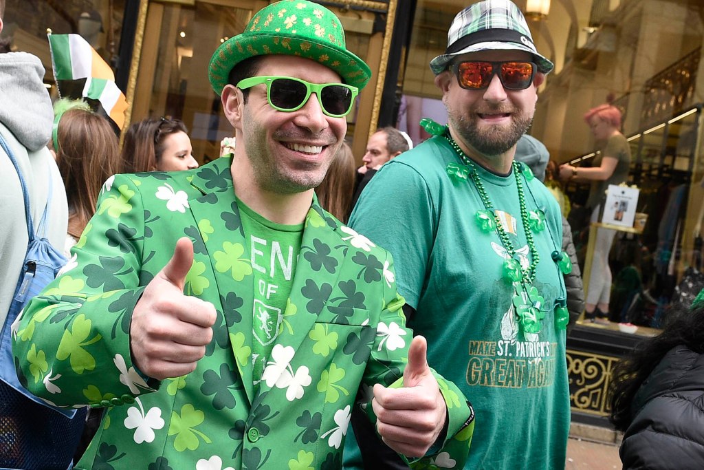 For Sunday News:03/16/19:St. Patrick’s Day Parade:New York - Man in crowd with shamrock jacket at the annual St. Patrick’s Day Parade. The event along Fifth Ave. drew thousands. Photo by Helayne Seidman