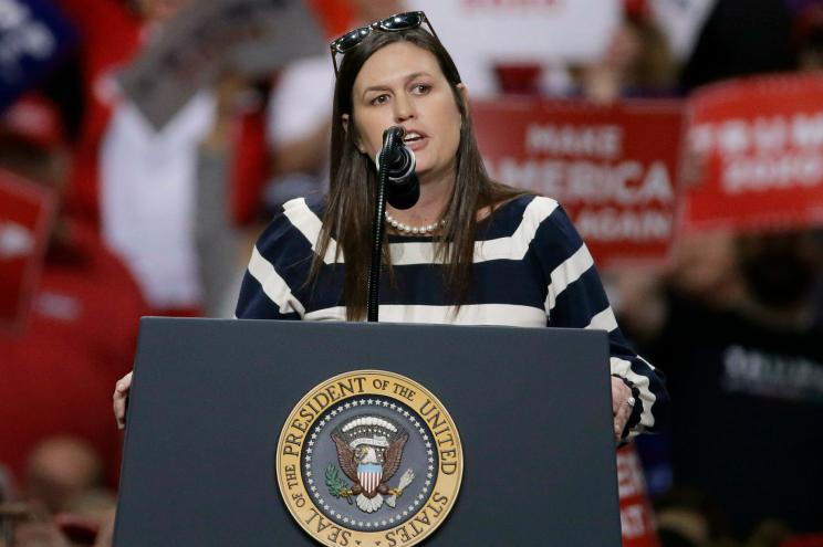 Sarah Huckabee Sanders speaks at a rally Saturday, April 27, 2019, in Green Bay, Wis.