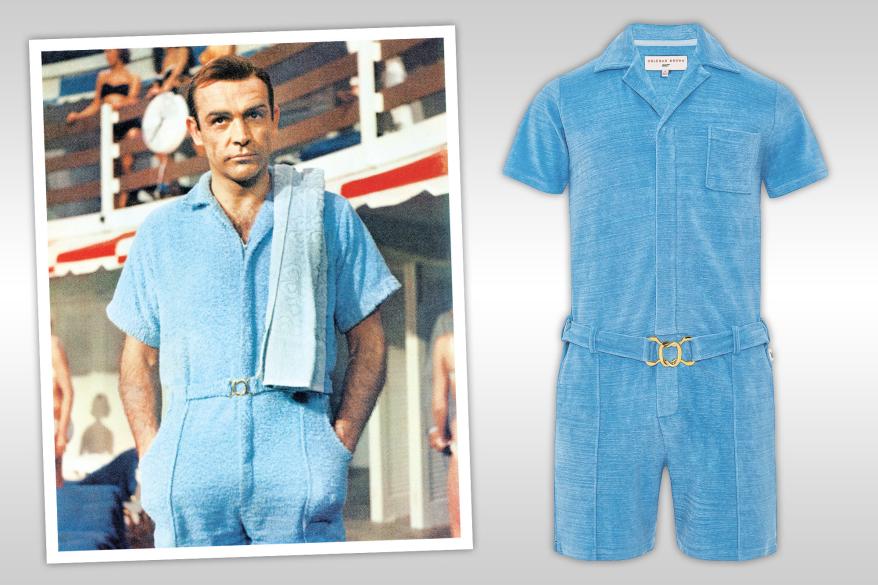 The resort-wear brand's new baby-blue onesie (right, $545 at Orlebar rbown) was inspired by the romper Connery wore as 1964's Bond in "Goldfinger" (left).