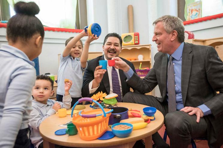 Mayor de Blasio and Schools Chancellor Richard Carranza (center) may end up destroying New York City public education.