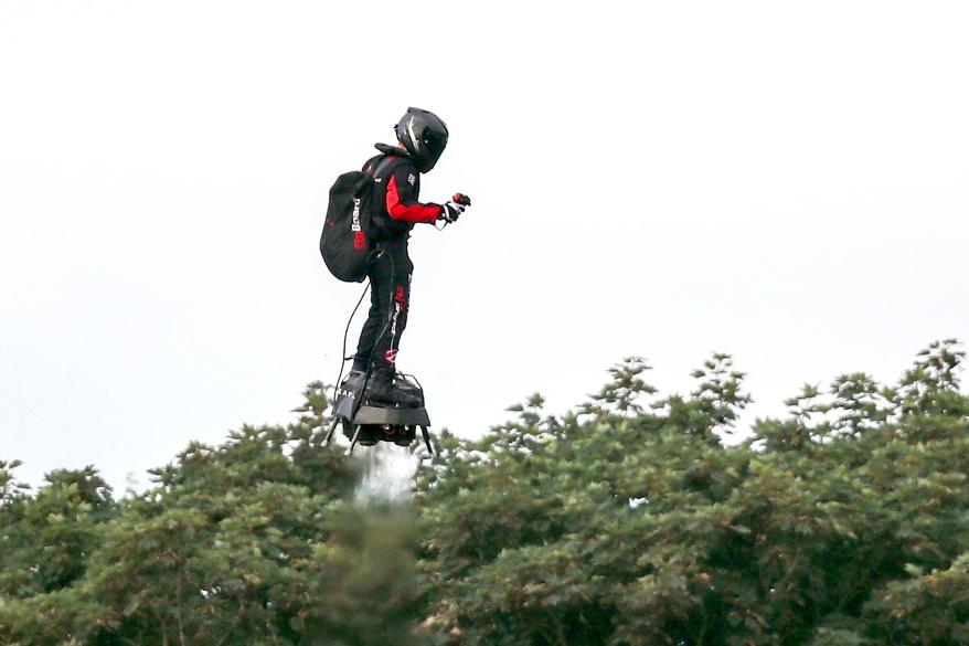 French inventor Franky Zapata takes off on a Flyboard across the English Channel.