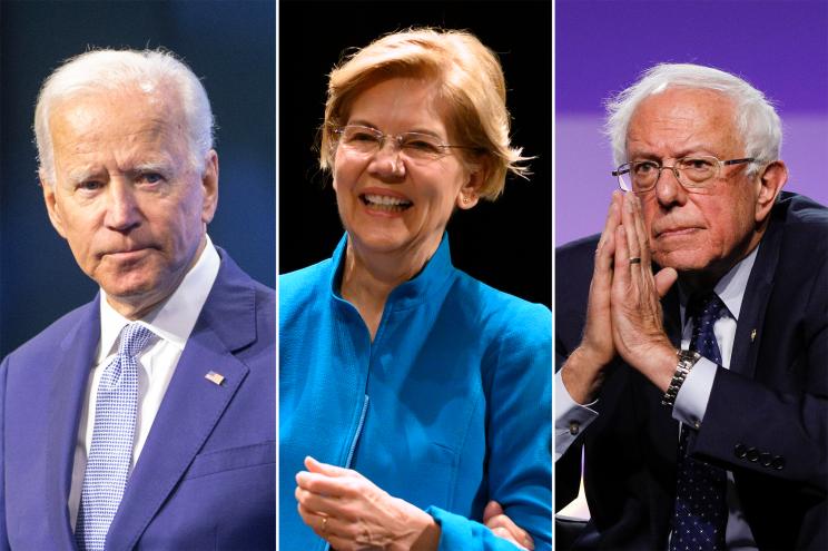 Joe Biden (left), Elizabeth Warren (center) and Bernie Sanders