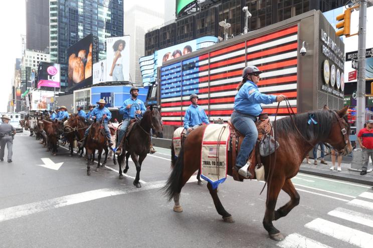 Fourteen veterans on horseback accompanied by the NYPD’s mounted unit made the annual 20-mile “Trail to Zero” trek through Manhattan Saturday morning to raise awareness of the epidemic of veteran suicide.