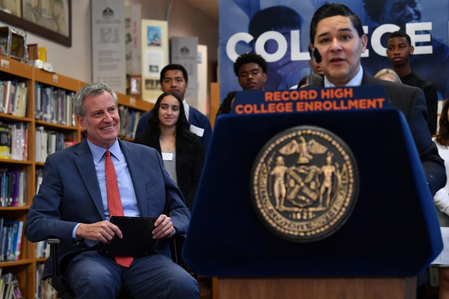 Bill de Blasio and Richard Carranza at the High School of Telecommunication Arts and Technology in Brooklyn