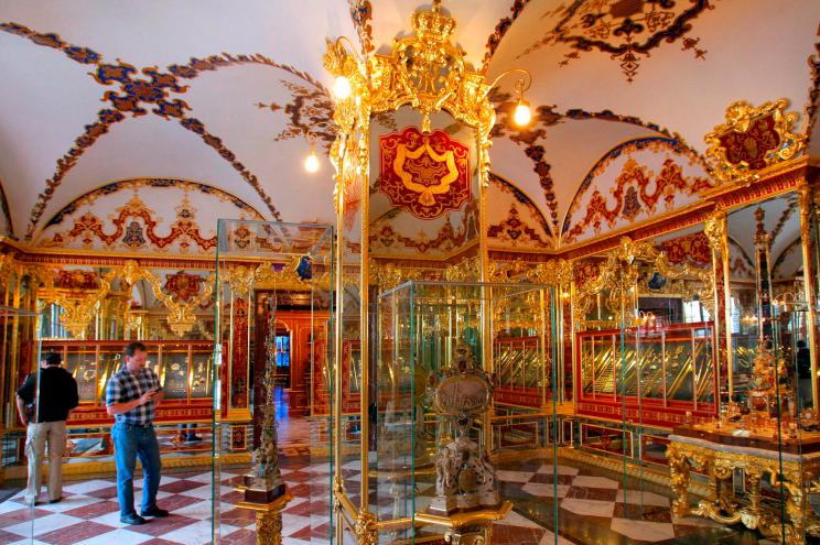 Journalists visit the jewel hall of the historical Green Vault at Dresden Castle