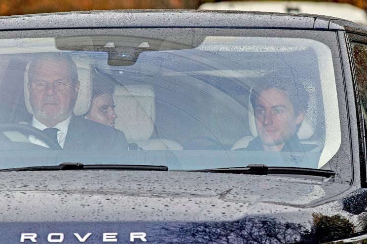 Princess Beatrice (back left) departs the royal estate of Prince Andrew in Windsor with fiancé Edoardo Mapelli Mozzi (front right).