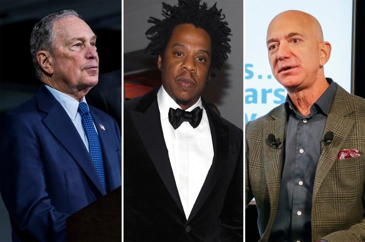 Mike Bloomberg (left), Jay-Z (center) and Jeff Bezos