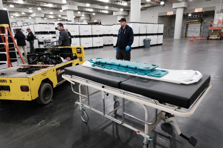 Medical beds are displayed at the Javits Convention Center