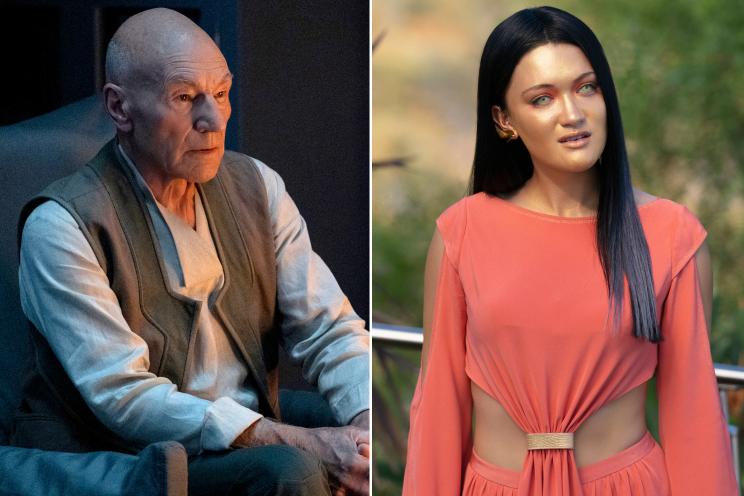 Patrick Stewart as Jean-Luc Picard (left) and Isa Briones as Sutra, one of four synthetic beings she has played in "Star Trek: Picard."