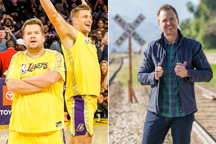 James Corden and Rob Gronkowski in "Game On!" (left) and "The Amazing Race" and "Tough As Nails" host Phil Keoghan.