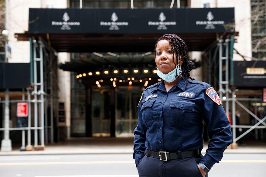 Erika Smith, an FDNY paramedic, is living at the Four Seasons hotel in midtown.