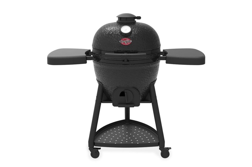 A large black charcoal grill with two side tables 