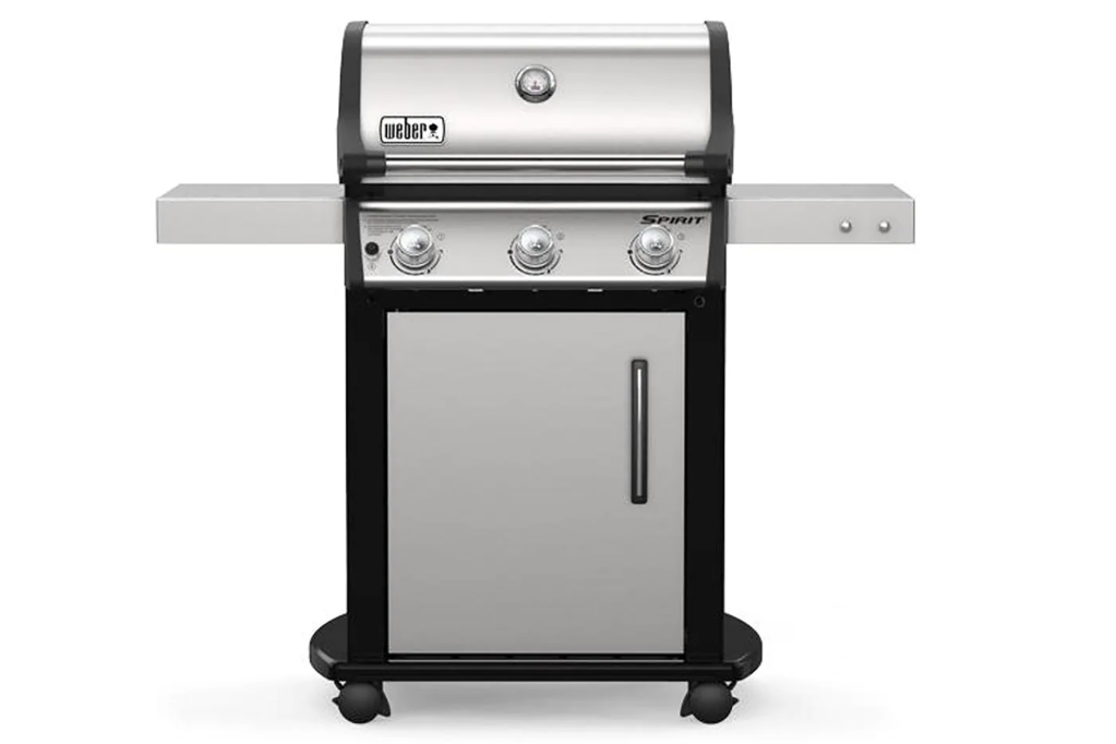 A silver gas grill with silver side table panels 