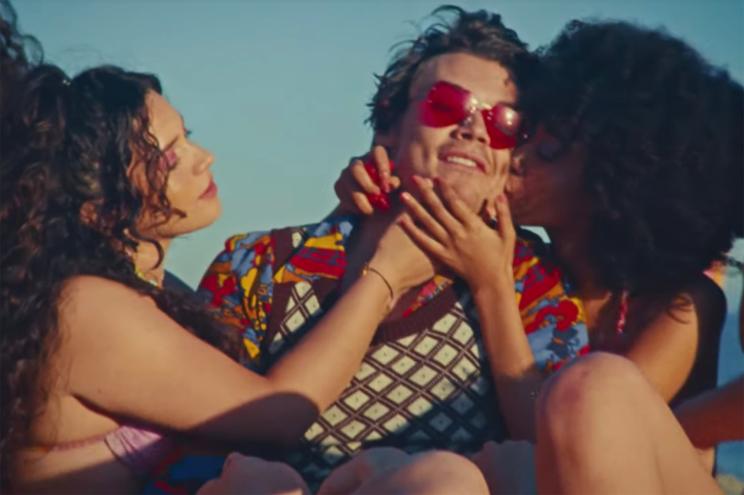 A shot from Harry Styles' summery new video for "Watermelon Sugar," the ultimate summer bop.