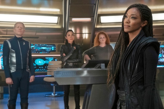 Sonequa Martin-Green (far right) as Michael Burnham with (from left) Anthony Rapp as Paul Stamets, Michelle Yeoh as Philippa Georgiou and Mary Wiseman as Sylvia Tilly in a scene from Season 3 of "Star Trek: Discovery." 