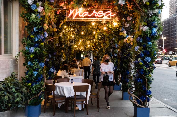 The sidewalk seating for the Merea restaurant at 240 Central Park South in Midtown, Manhattan.