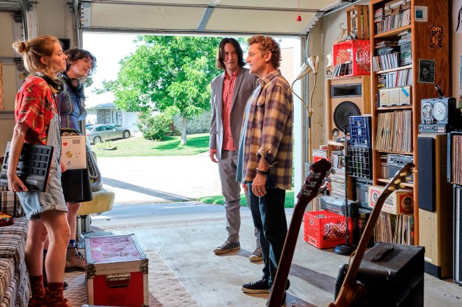 Samara Weaving, Brigette Lundy-Paine, Keanu Reeves and Alex Winter in a scene from “Bill & Ted Face the Music.”