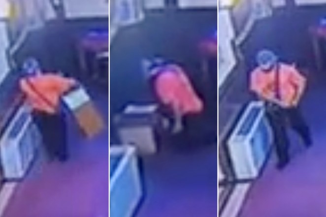 Stills from a video showing a man taking money out of a collection box at St. Thomas Aquinas in Park Slope.