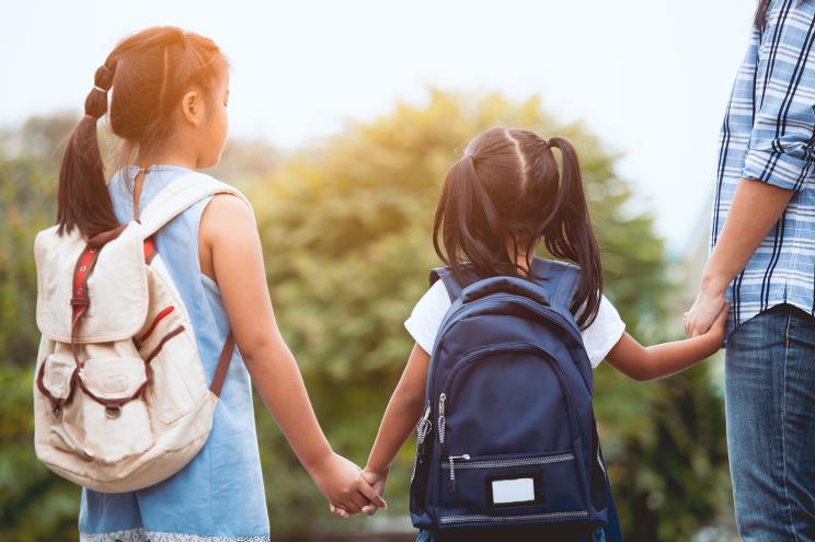 School kids with backpacks on