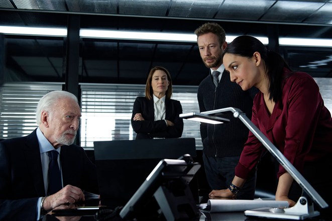 Christopher Plummer as Howard Lawson, Claire Forlani as Janet Freeh, Kris Holden-Ried as Dominic Hayes and Archie Panjabi as Kendra Malley in a scene from "Departure." 