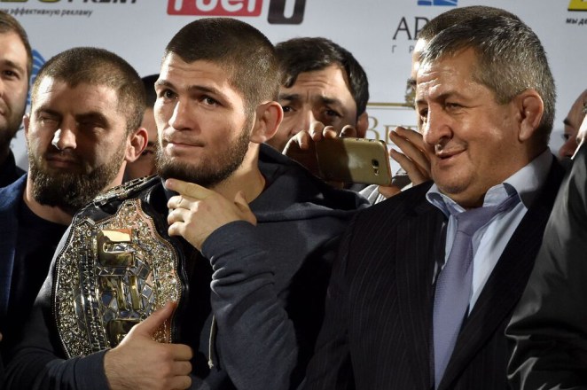 Khabib Nurmagomedov with his father, Abdulmanap, in October 2018