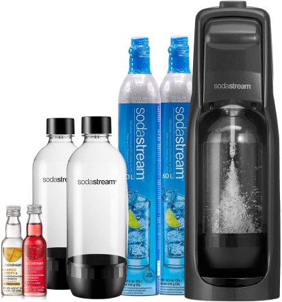 A SodaStream bundle set, with two flavors, three bottles, two canisters, and a SodaStream device