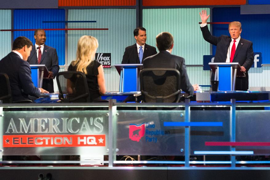 Donald Trump speaks to moderators, including Megyn Kelli at the first Republican presidential debate on August 6, 2015.