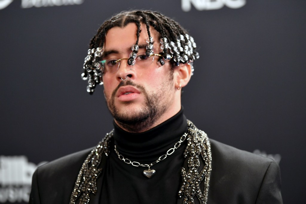 HOLLYWOOD, CALIFORNIA - OCTOBER 14: In this image released on October 14, Bad Bunny poses backstage at the 2020 Billboard Music Awards, broadcast on October 14, 2020 at the Dolby Theatre in Los Angeles, CA.  (Photo by Amy Sussman/BBMA2020/Getty Images for dcp )