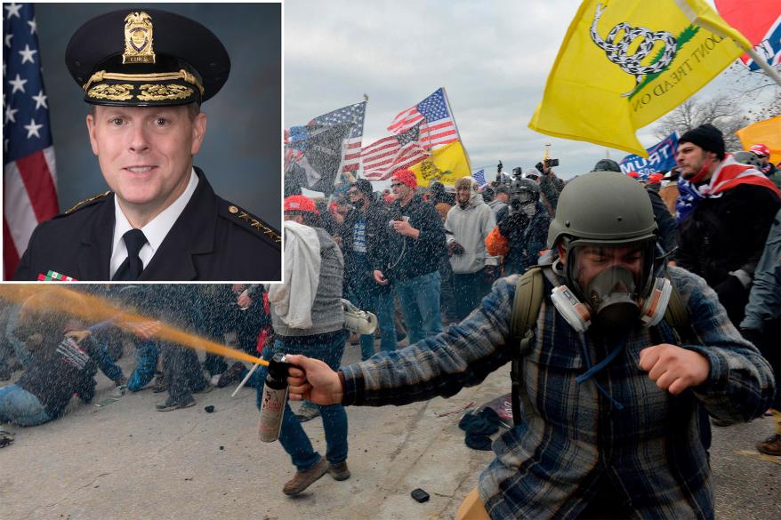 Capitol Police Chief Steven Sund (inset) resigns a day after police were confronted by protesters in Washington, DC.