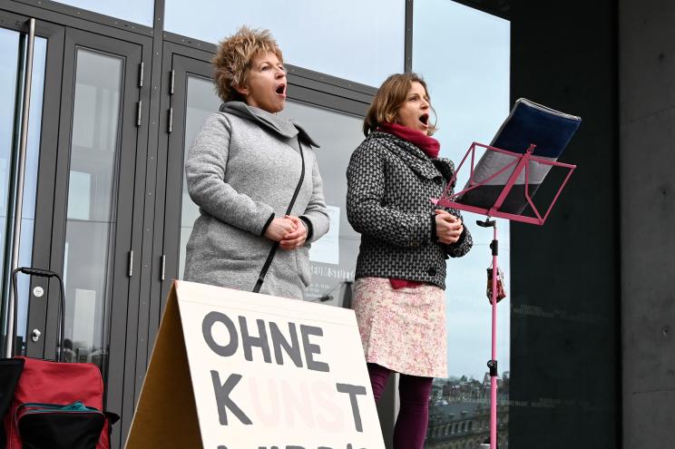 Artists Magdalena Fischer (right) and Eleonore Majer sing classical music in Stuttgart, southern Germany.