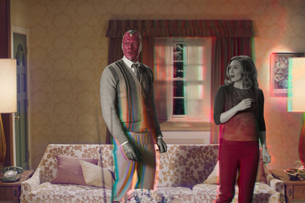 “WandaVision” focuses on the domestic married life of heroes Wanda Maximoff, a k a Scarlet Witch (Elizabeth Olsen), and Vision (Paul Bettany).