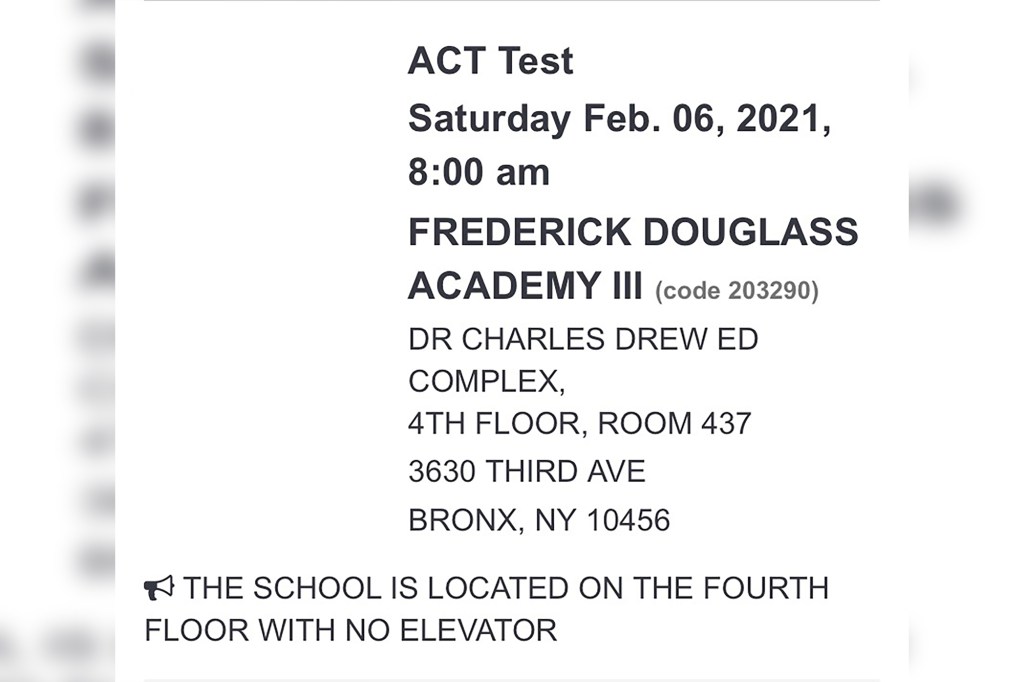 A confirmation receipt from one family that signed their child up to take the ACT college entrance exam at a Bronx high school location.