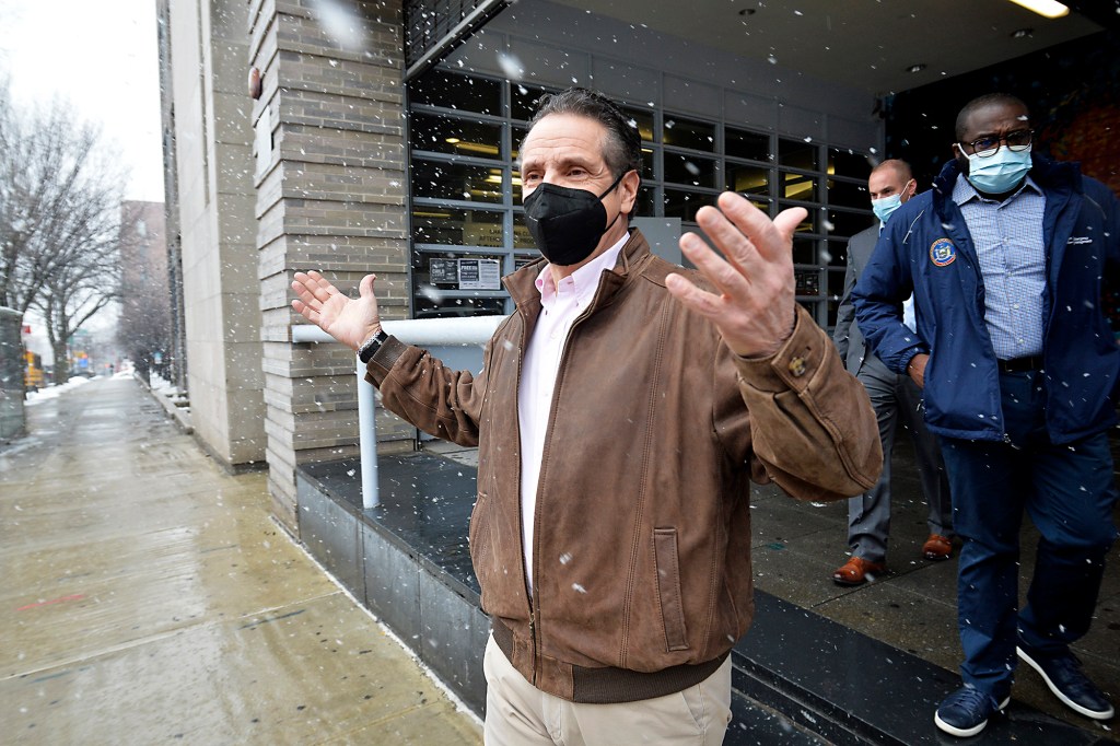 Andrew Cuomo leaves Medgar Evers College in Brooklyn.