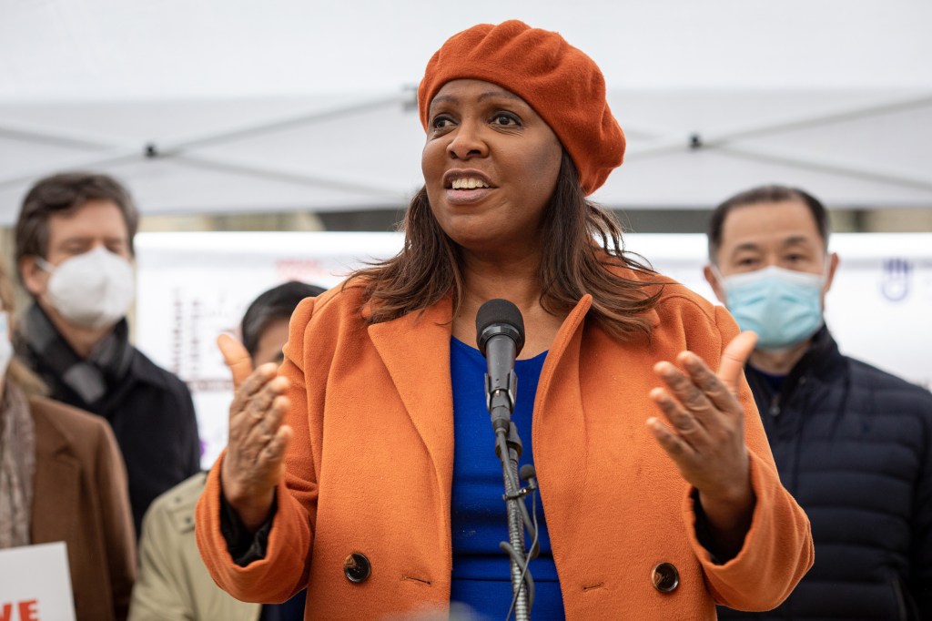 NY Attorney General Letitia speaks in Foley Square.