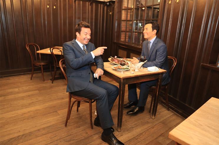 Jimmy Fallon sits with this wax counterpart at Peter Lugers in Brooklyn.