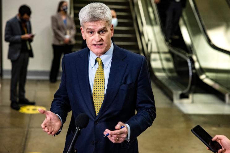 GOP Senator Bill Cassidy talks to reporters during the second impeachment trial of former President Donald Trump on February 12, 2021 in Washington, DC.