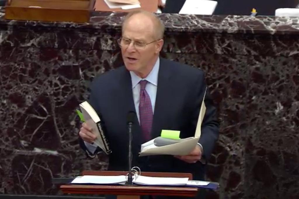 David Schoen, an attorney for former President Donald Trump, speaks on the Senate in the Senate Chamber during Trump's impeachment trial.