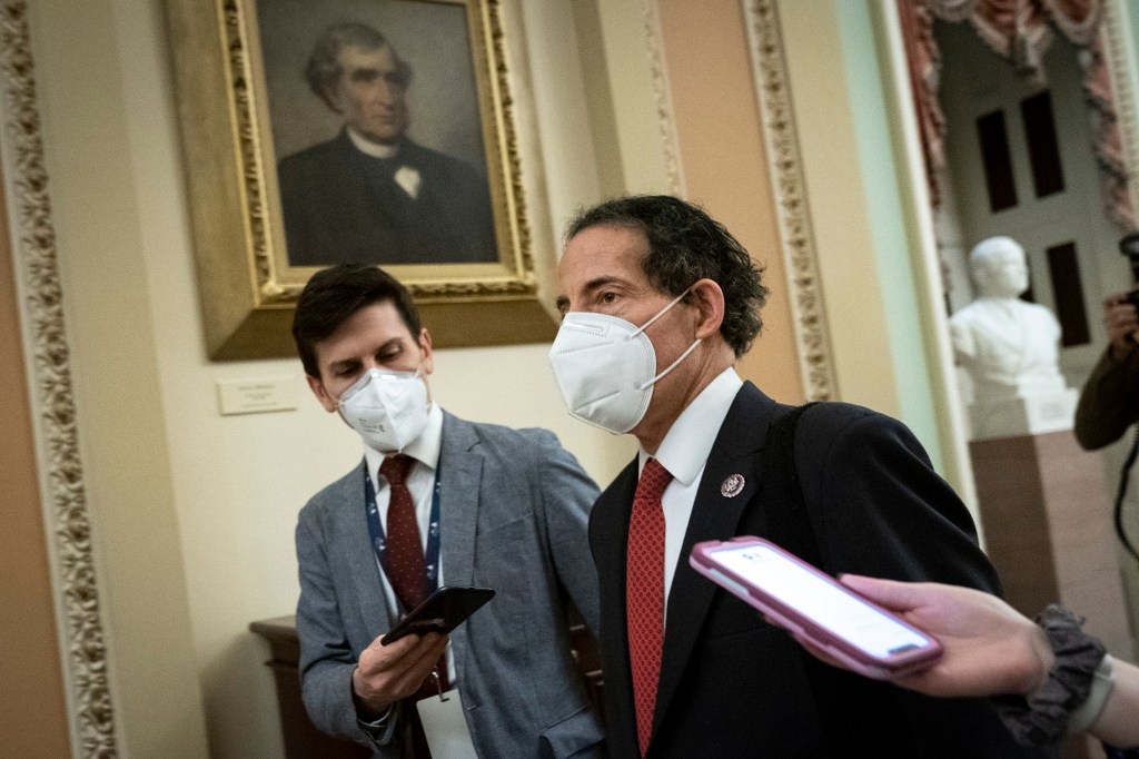 Lead House impeachment manager Rep. Jamie Raskin (D-Md.) leaves at the conclusion of the the first day of former President Donald Trump's second impeachment trial.