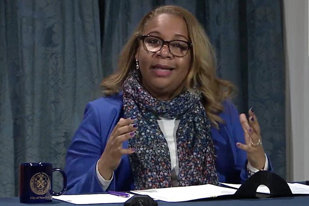 New York City Schools Bronx Executive Superintendent Meisha Ross Porter is shown this still image, from New York Mayor Bill de Blasio's media availability, Friday, Feb. 26, 2021, in New York. New York City Schools Chancellor Richard Carranza announced Friday, Feb. 26, 2021, he would step down, citing the coronavirus pandemic's personal toll on his family. He will be replaced by Porter, who becomes the first Black woman to lead the nation's largest public school district. (New York City Office of the Mayor via AP)