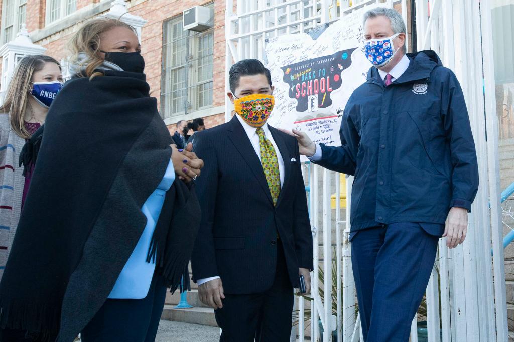 February 25, 2021 : Soon to be NYC Schools Chancellor Bronx Executive Superintendent Meisha Ross Porter, Mayor Bill de Blasio and current Chancellor Richard A. Carranza went to the Leaders Of Tomorrow Middle School at 3710 Barnes Ave. in the Bronx on its day of re-opening