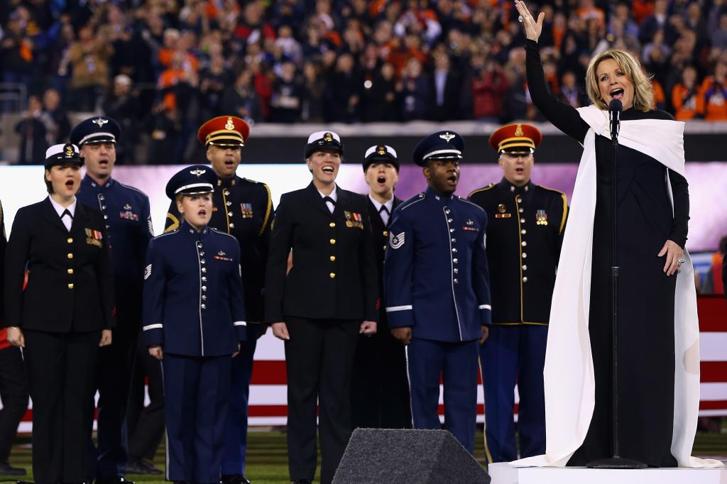 Opera singer Renée Fleming signs the national anthem during Super Bowl XLVIII at MetLife Stadium between the Denver Broncos and the Seattle Seahawks on February 2, 2014 in East Rutherford, New Jersey.