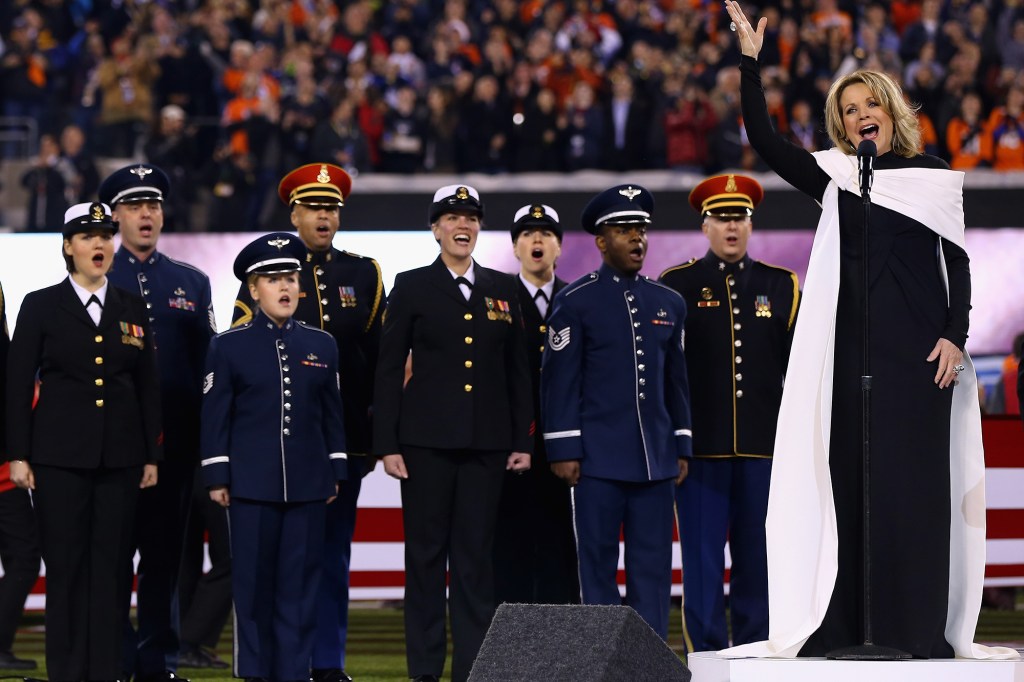 Opera singer Renée Fleming signs the national anthem during Super Bowl XLVIII at MetLife Stadium between the Denver Broncos and the Seattle Seahawks on February 2, 2014 in East Rutherford, New Jersey.  