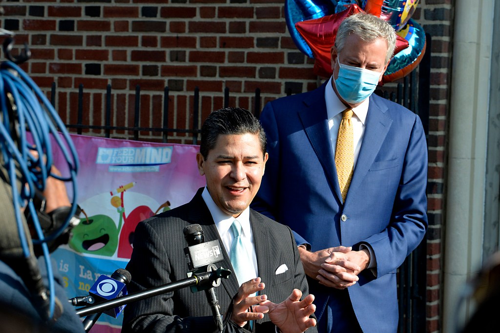 Richard Carranza seen with Bill de Blasio speaking in Queens.