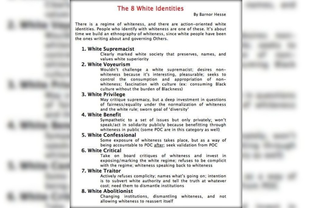 Northwestern University associate professor Barnor Hesse presents an “ethnography of whiteness” in the ranking list.