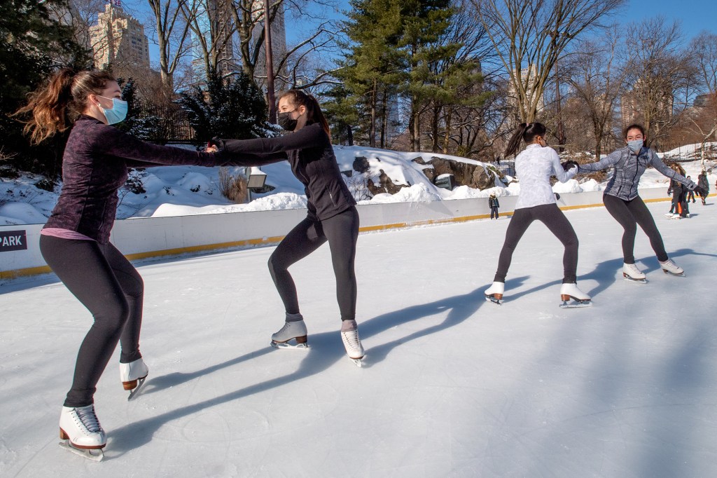 Figure skaters (from left) Jacey Hootstein, Serena Sabet, Maya Henning and Jocelyn Belena practicing at Wollman Ice Rink.