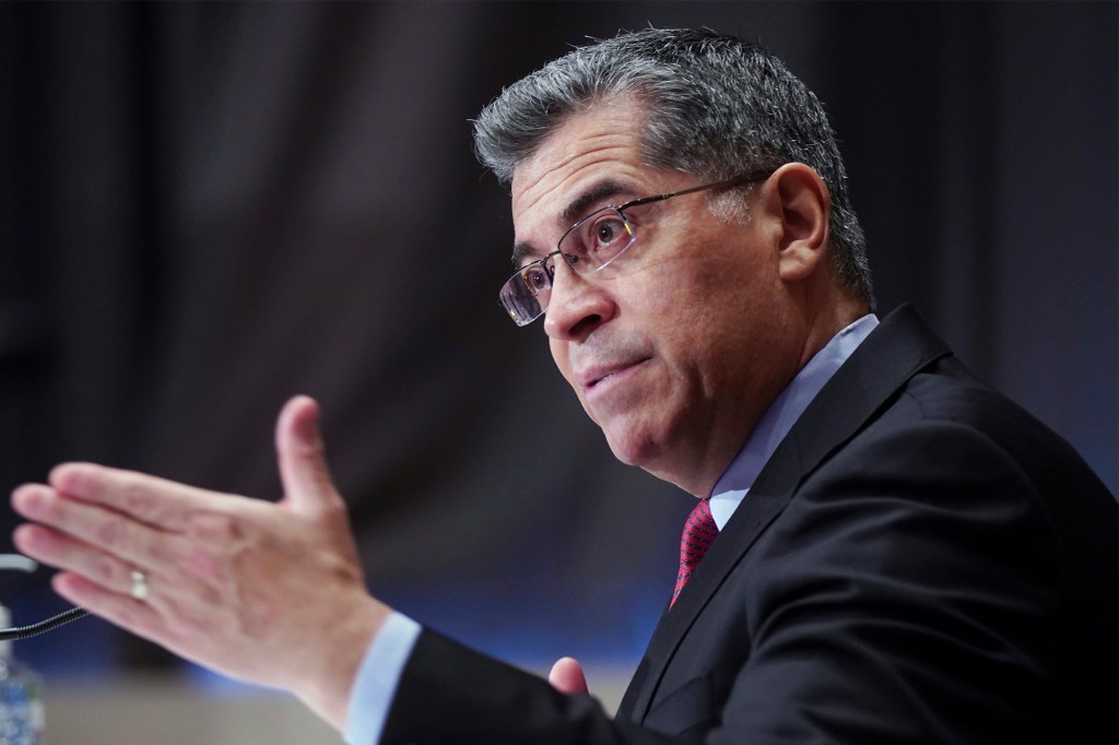 Xavier Becerra speaking at his confirmation hearing for Secretary of Health and Human Services on February 23, 2021.