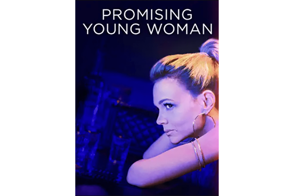 A movie poster for Promising Young Woman with a purple background and blonde woman 