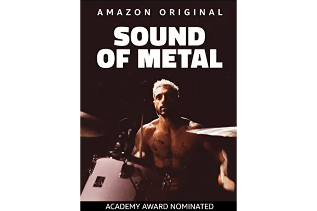 The movie poster for Sound of Metal with a man behind a drum set 