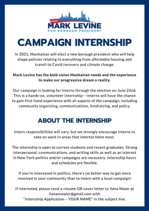 Mark Levine's post to Twitter looking for interns on his campaign.